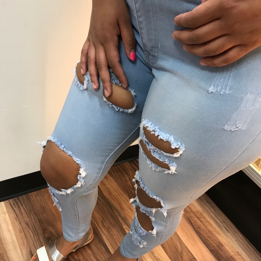 ‼️ Light Ripped Stretch Denim Distress Jeans